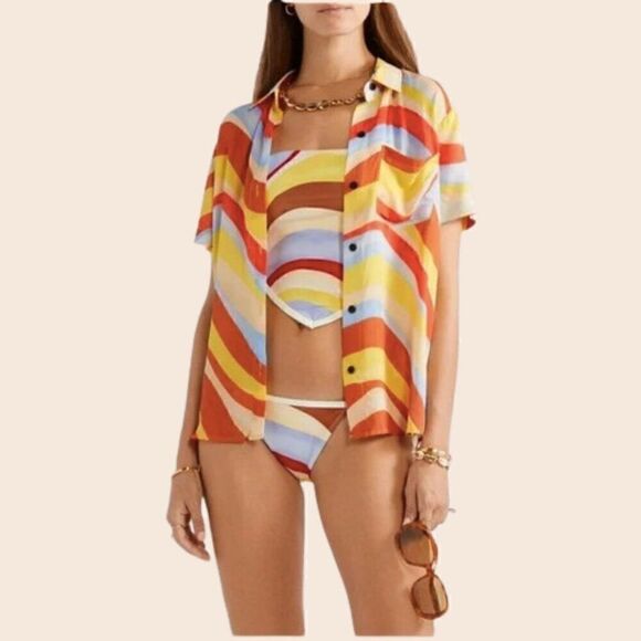 Solid and Striped Blue Orange and Cream Retro Wave 70's Style Button Down Shirt - Picture 1 of 14